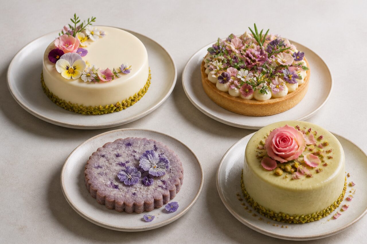 Pâtisseries botaniques — assortiment de quatre créations fleuries