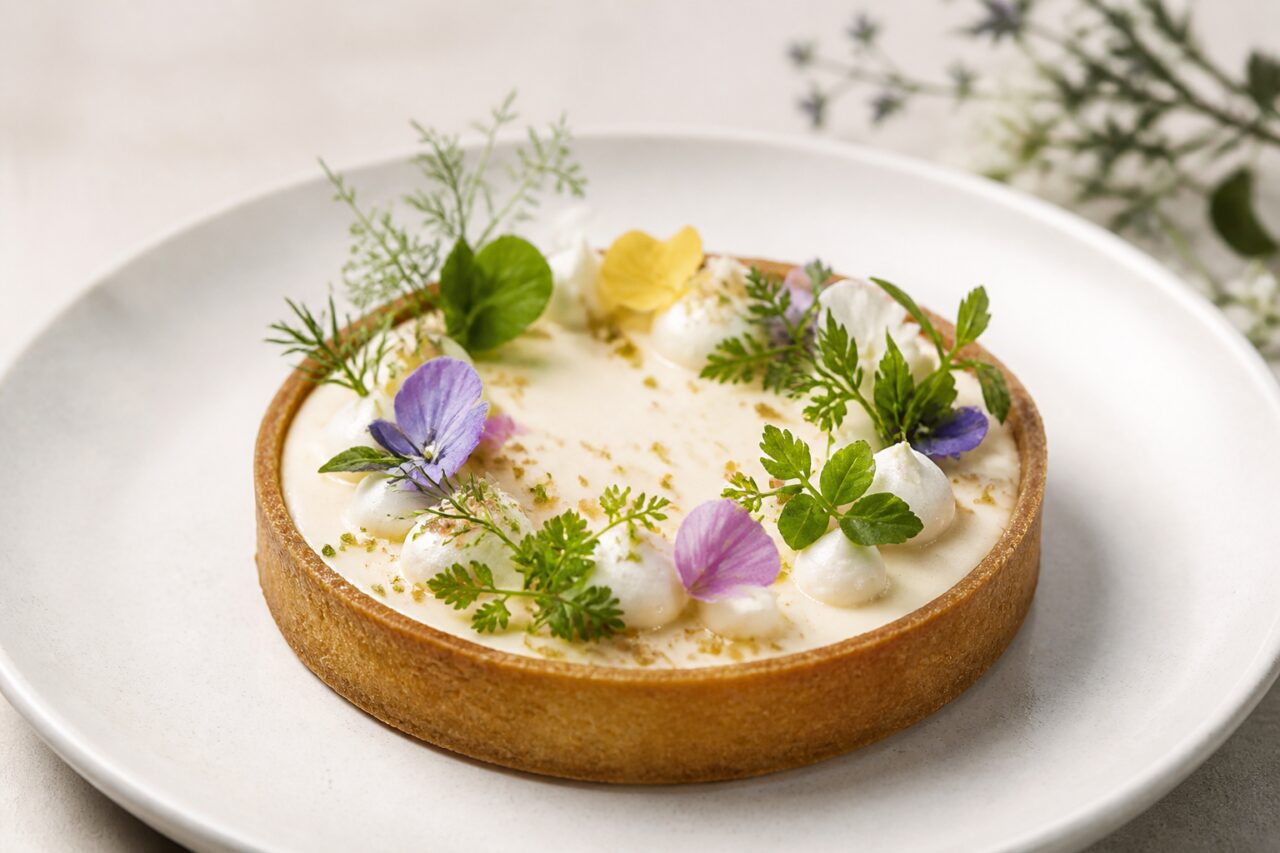 Botanisches Gebäck — Tarte mit Kräutern und Blütenblättern