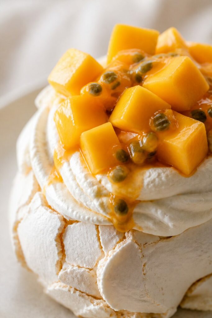 Mango and passion fruit resting on a softly creamed pavlova