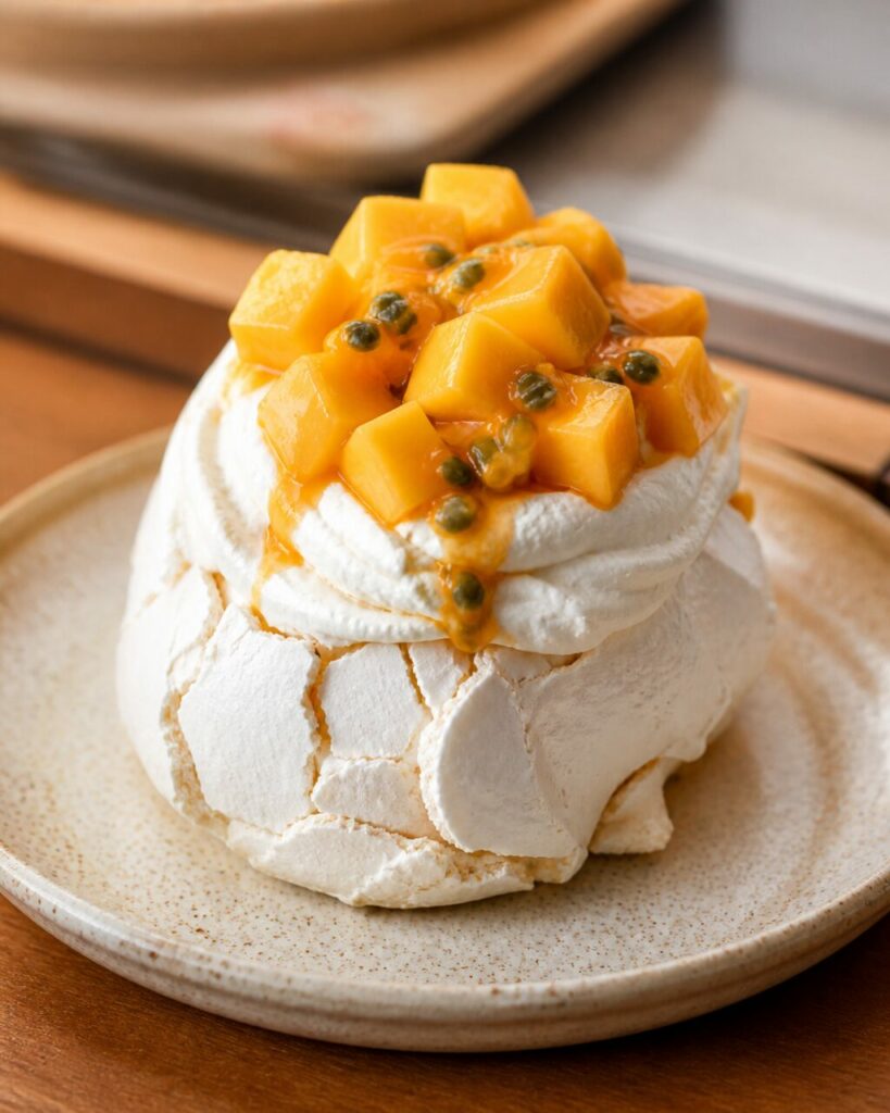 Mango-passion pavlova with golden cracks and a light cream filling