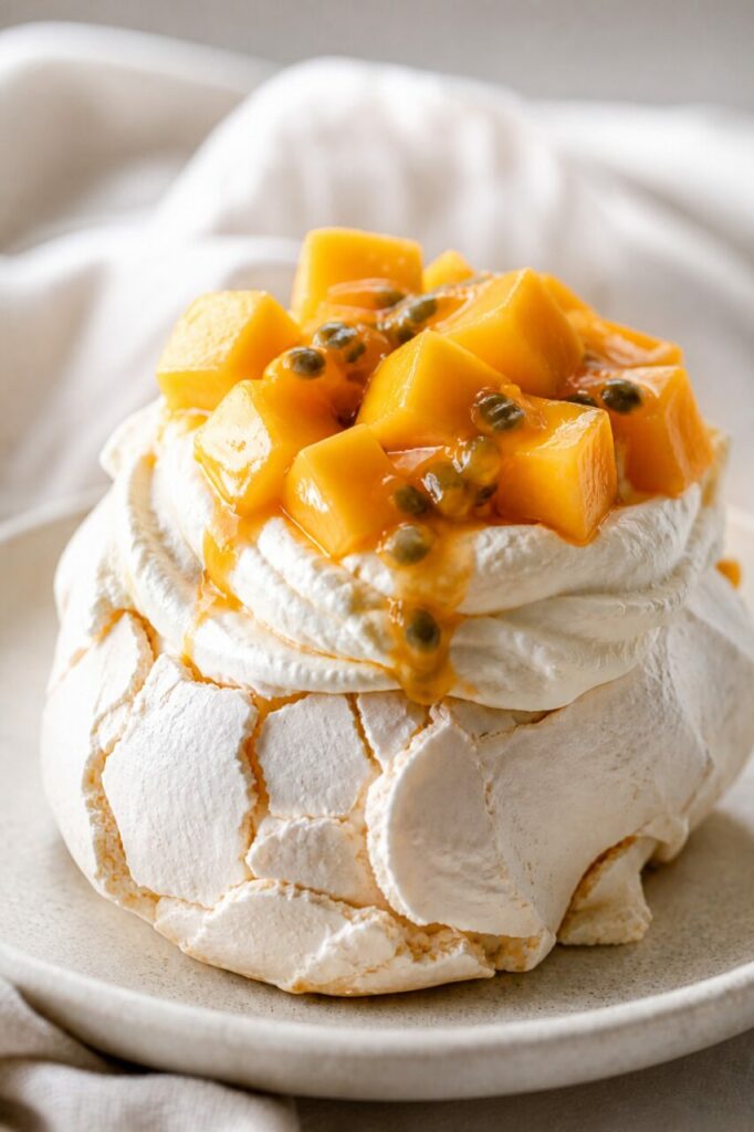 Crisp meringue, smooth cream and exotic fruit on a mango pavlova