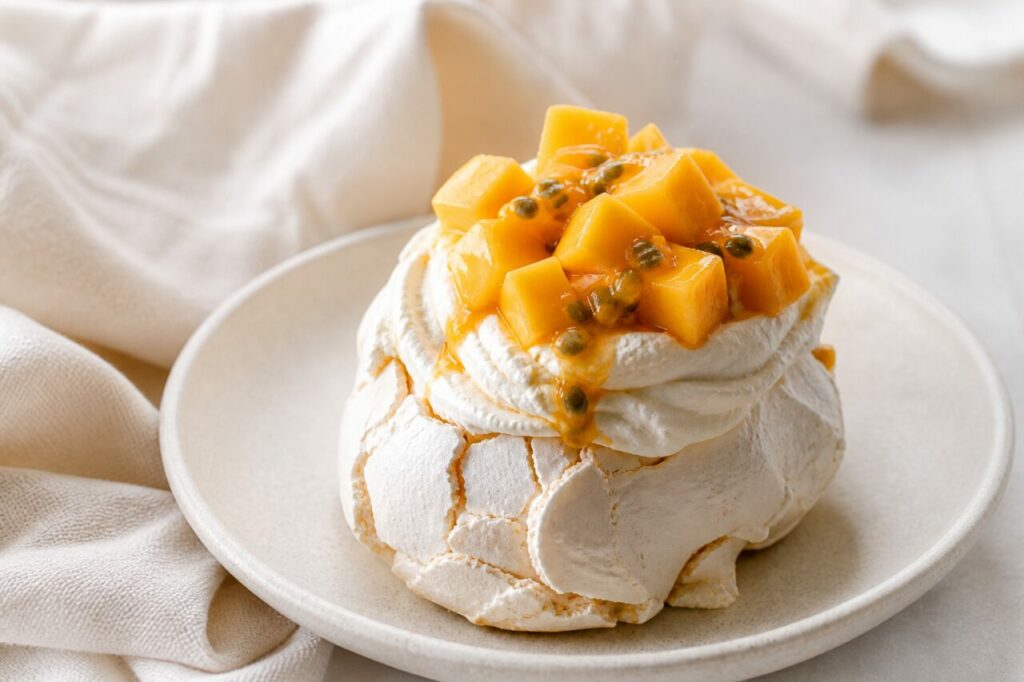 Mango and passion-fruit pavlova with a crackled meringue shell