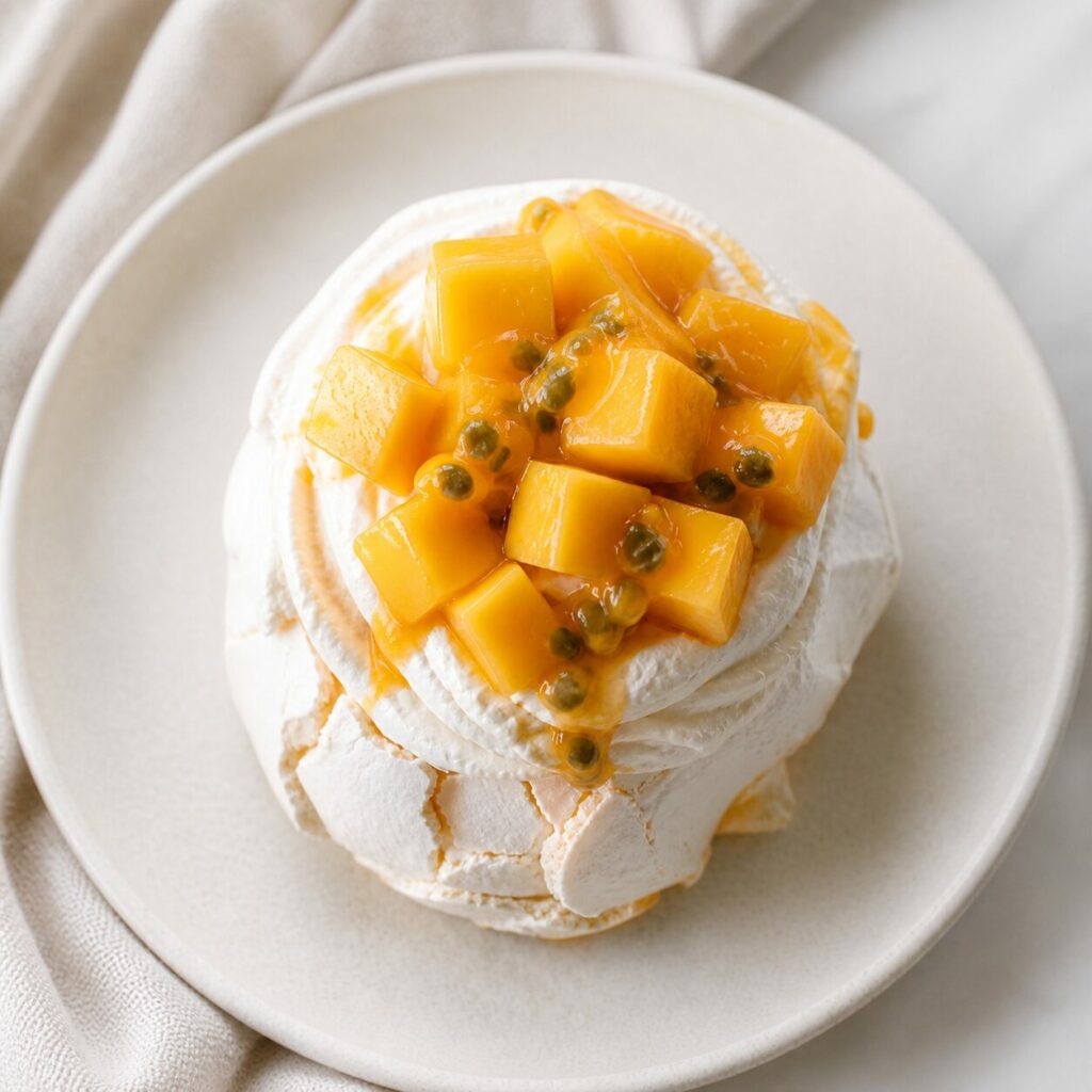 Tropical pavlova layered with mango, cream and glossy passion fruit