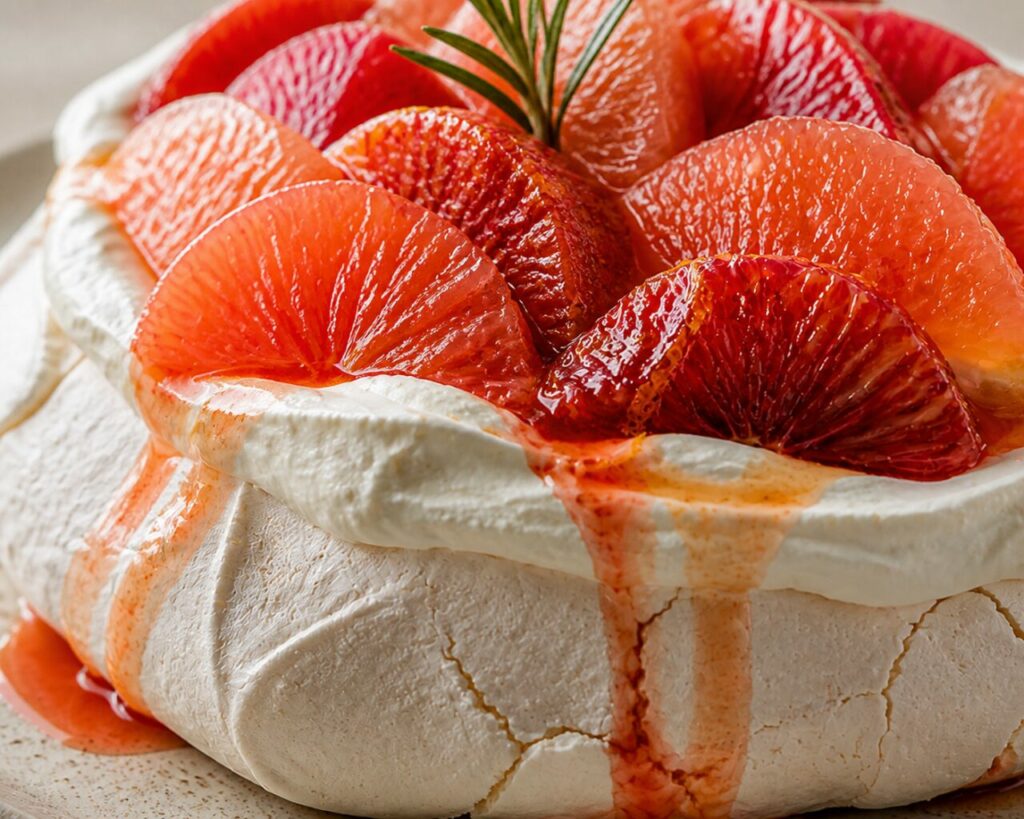 Zachte room tussen het fruit en de meringue van de pavlova