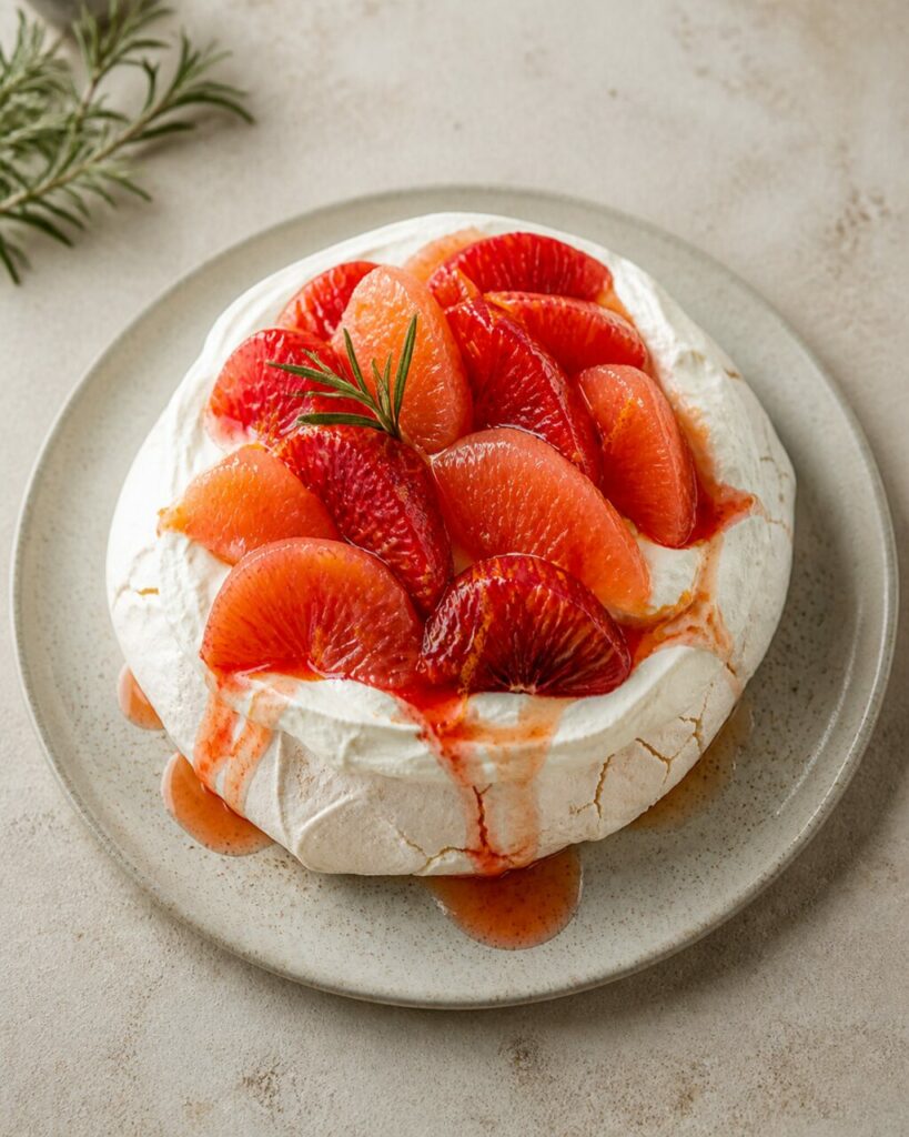 Citruspartjes en takjes rozemarijn op de pavlova
