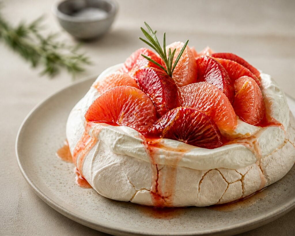 Sirop coulant sur le bord de la pavlova aux agrumes