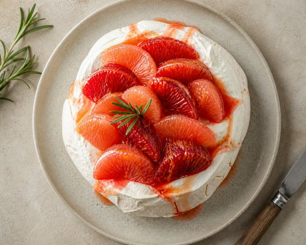 Ronde garnering van citrusvruchten op de meringue