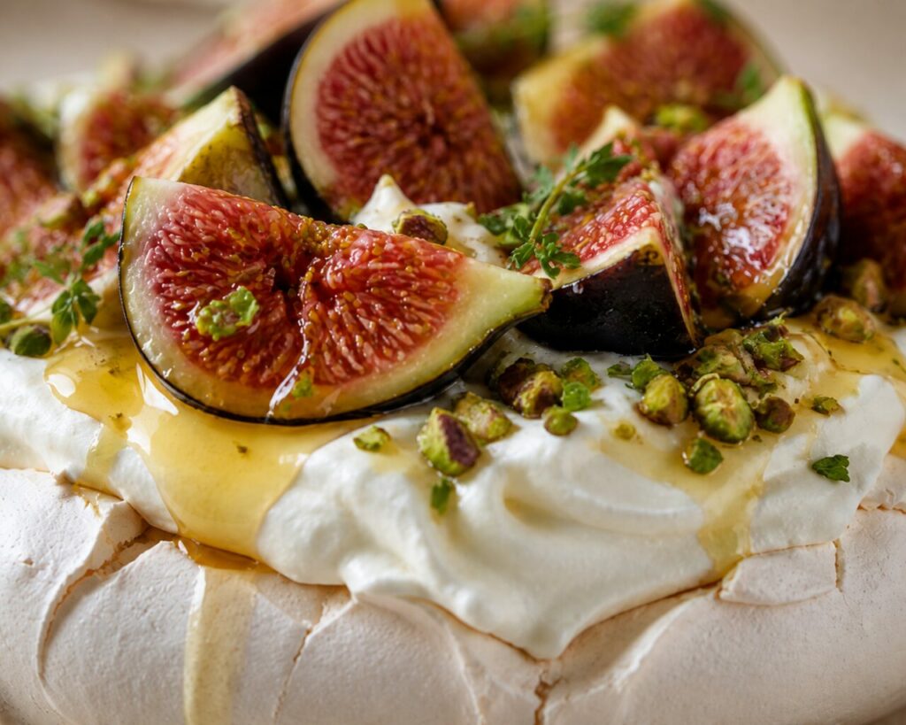 Figues luisantes sur la crème légère de la pavlova