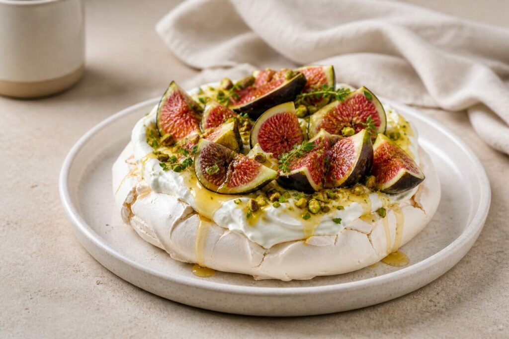 Pavlova figues-miel prête à partager