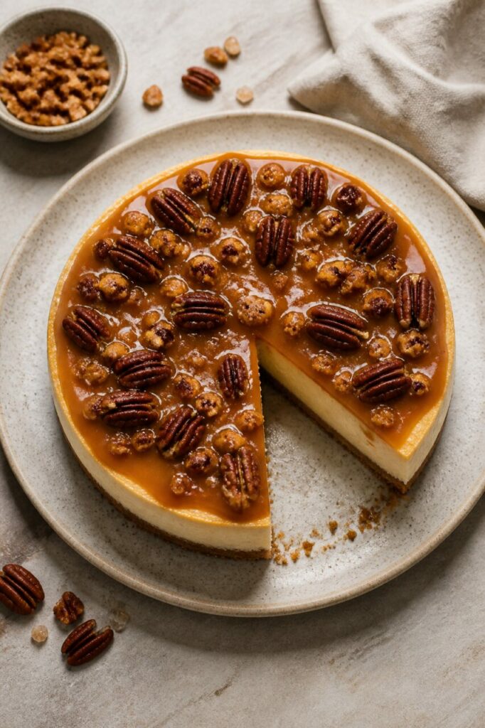 Pécans serrés sur le cheesecake au caramel