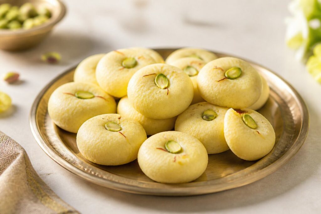 Peda indien au lait, safran et cardamome garni de pistaches en bouchées rondes