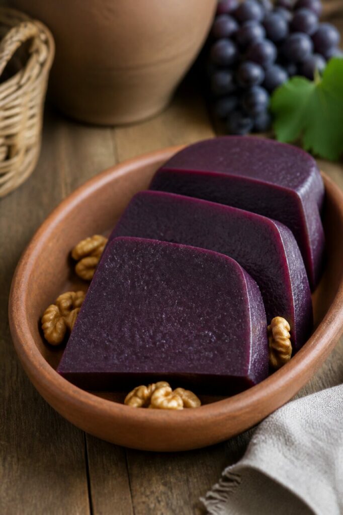 Pelamushi — Fatias espessas de pelamushi roxo de uva em cerâmica rústica