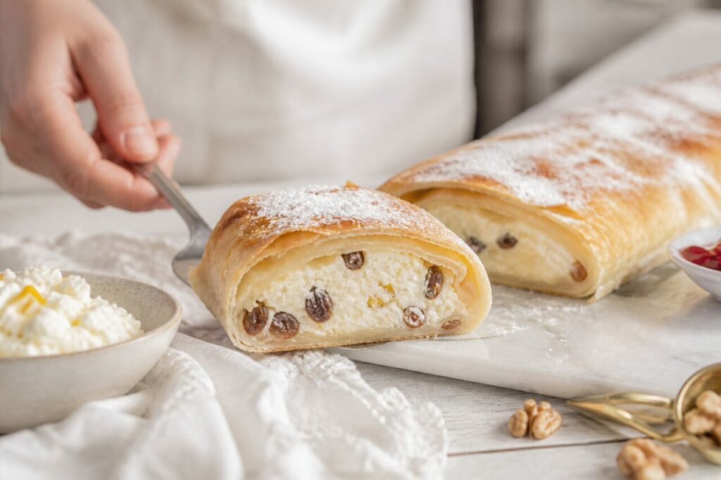 Paletta sotto una porzione di topfenstrudel