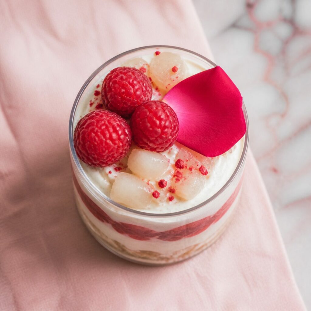 Pétale de rose et framboises sur la crème d’une verrine au litchi