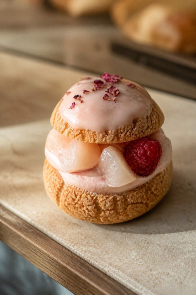 Pétales de rose sur le chou litchi-framboise entier