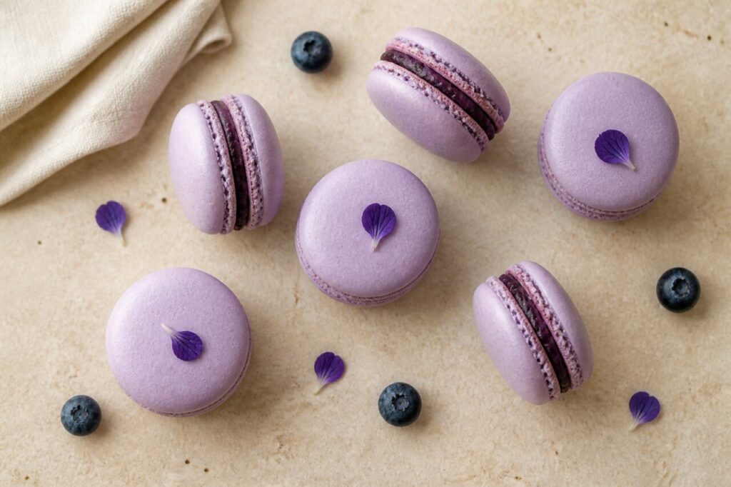 Petali sparsi fra sei macaron al mirtillo e violetta