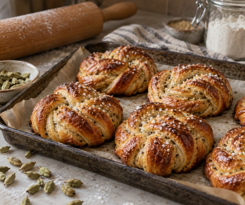 Cardamom buns on a baking tray with wooden rolling pin