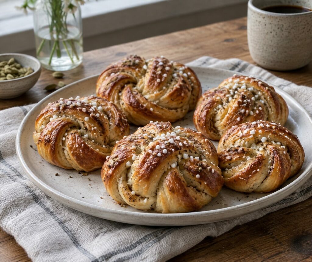 Swedish cardamom buns on a ceramic plate