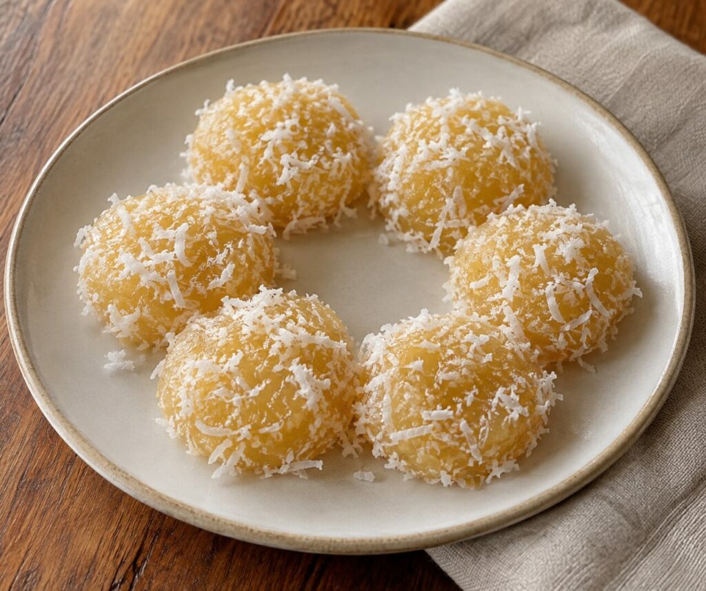 Ring of coconut pichi-pichi on a ceramic serving plate