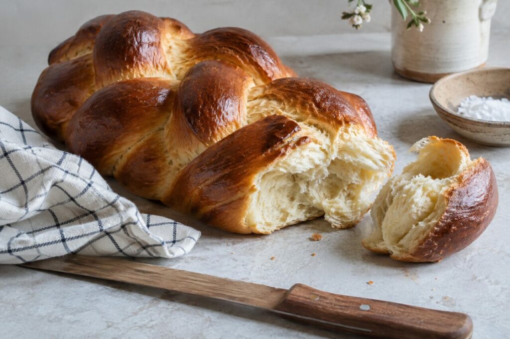 Pierre claire et torchon à carreaux autour d’une challah