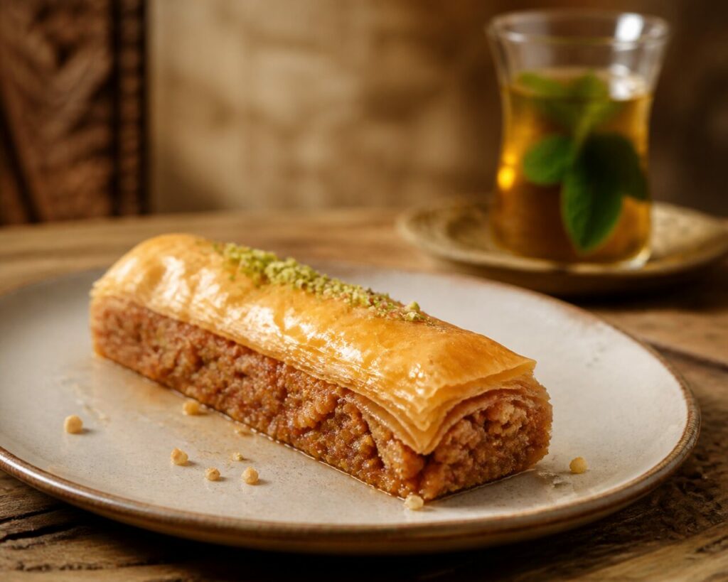 Pistache en touche finale sur le baklava finger aux amandes