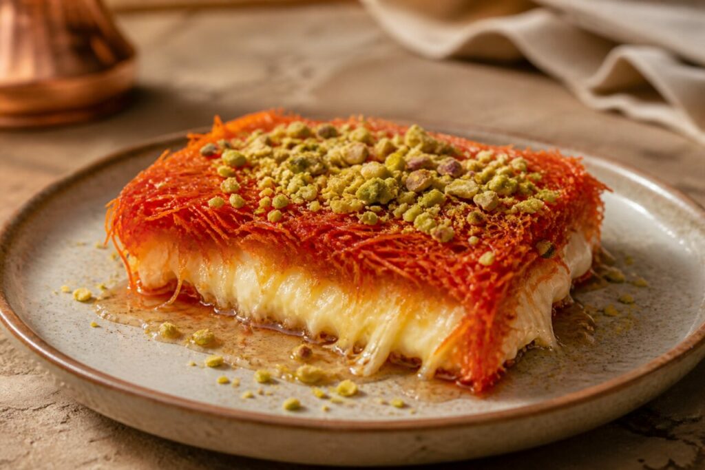 Groene pistachestukjes sieren de rode kunafa nabulsiyeh met kaas