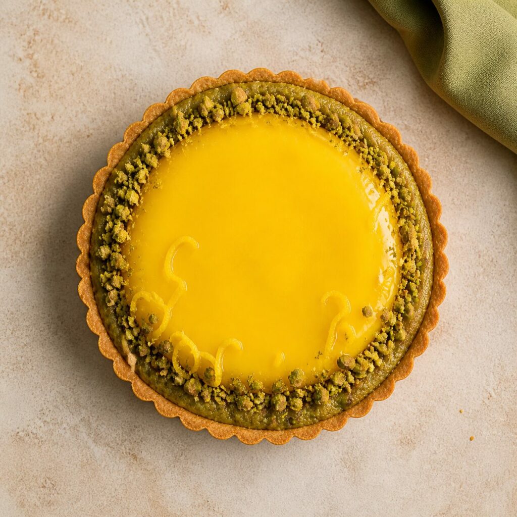 Pistácio picado forma um aro na tarte de limão