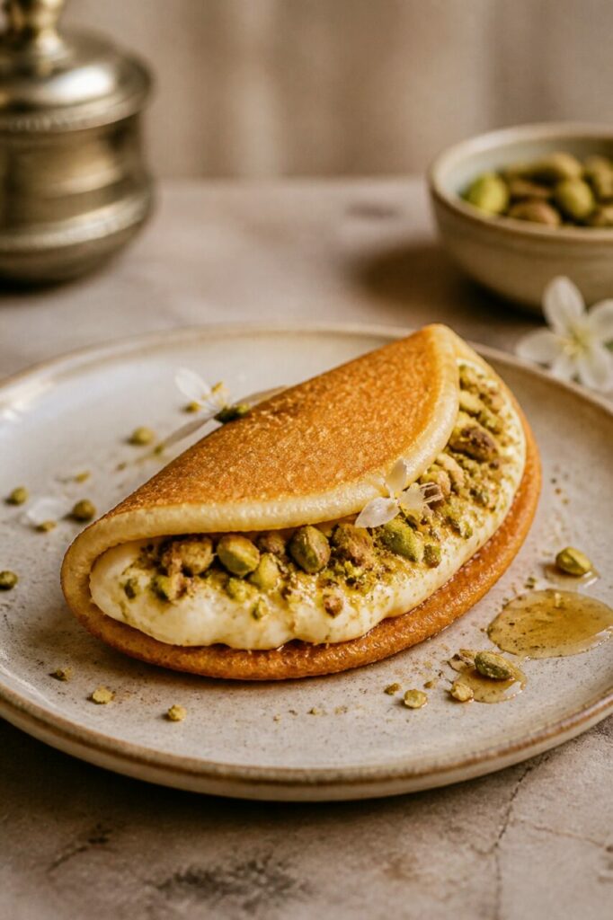 Chopped pistachios speckle the cream inside qatayef asafiri