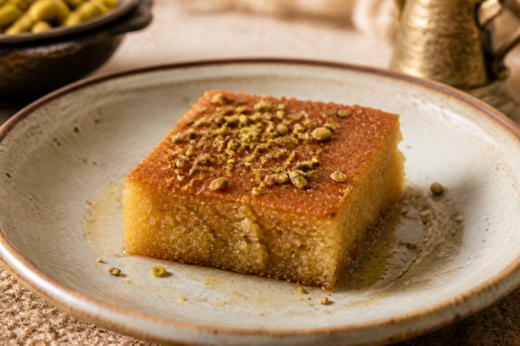 Chopped pistachios cover the golden syrup-soaked hareeseh
