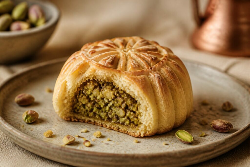 Pistacchio tritato riempie il maamoul dorato aperto
