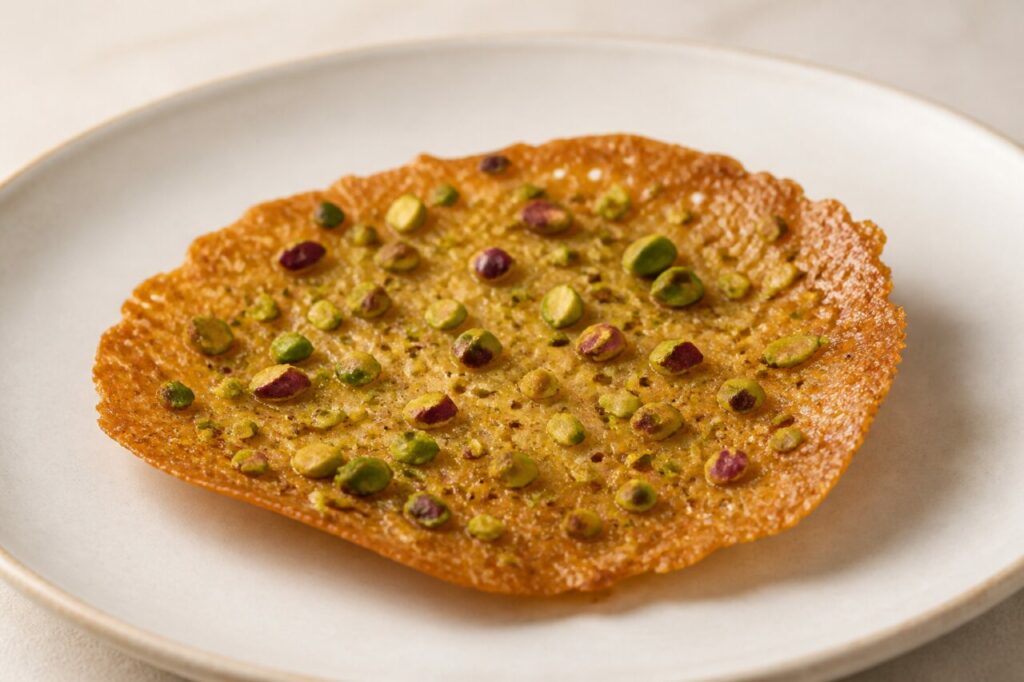 Pistacchi tostati incastonati nella cialda sottile e ambrata