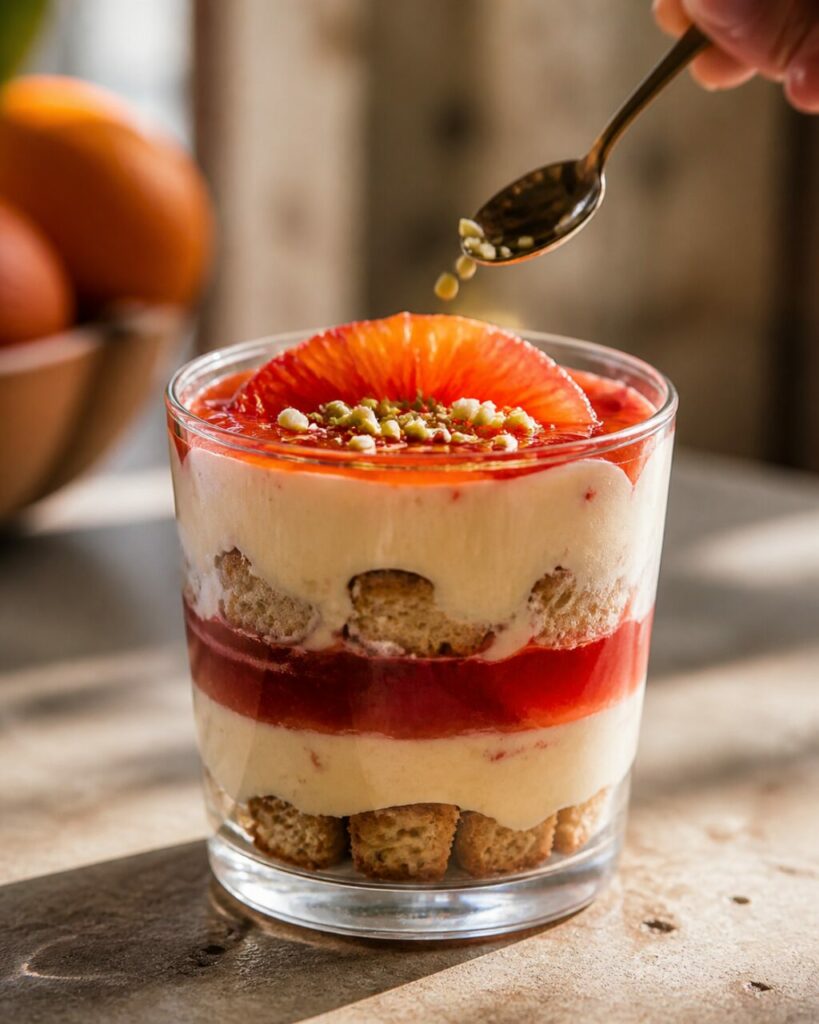 Pistácios sobre tiramisu de laranja sanguínea e cardamomo
