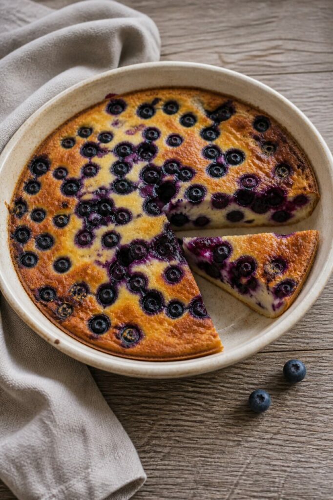 Triangular gap interrupts the browned crust of the blueberry clafoutis