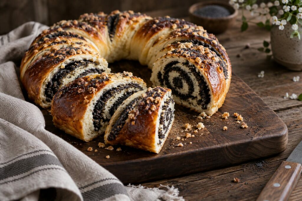 Tábua escura com uma fatia de kolach de papoila