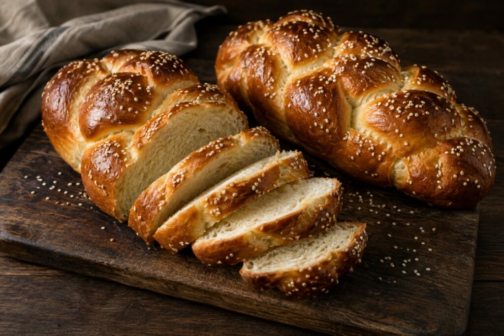 Planche sombre et tranches de challah tressée au sésame