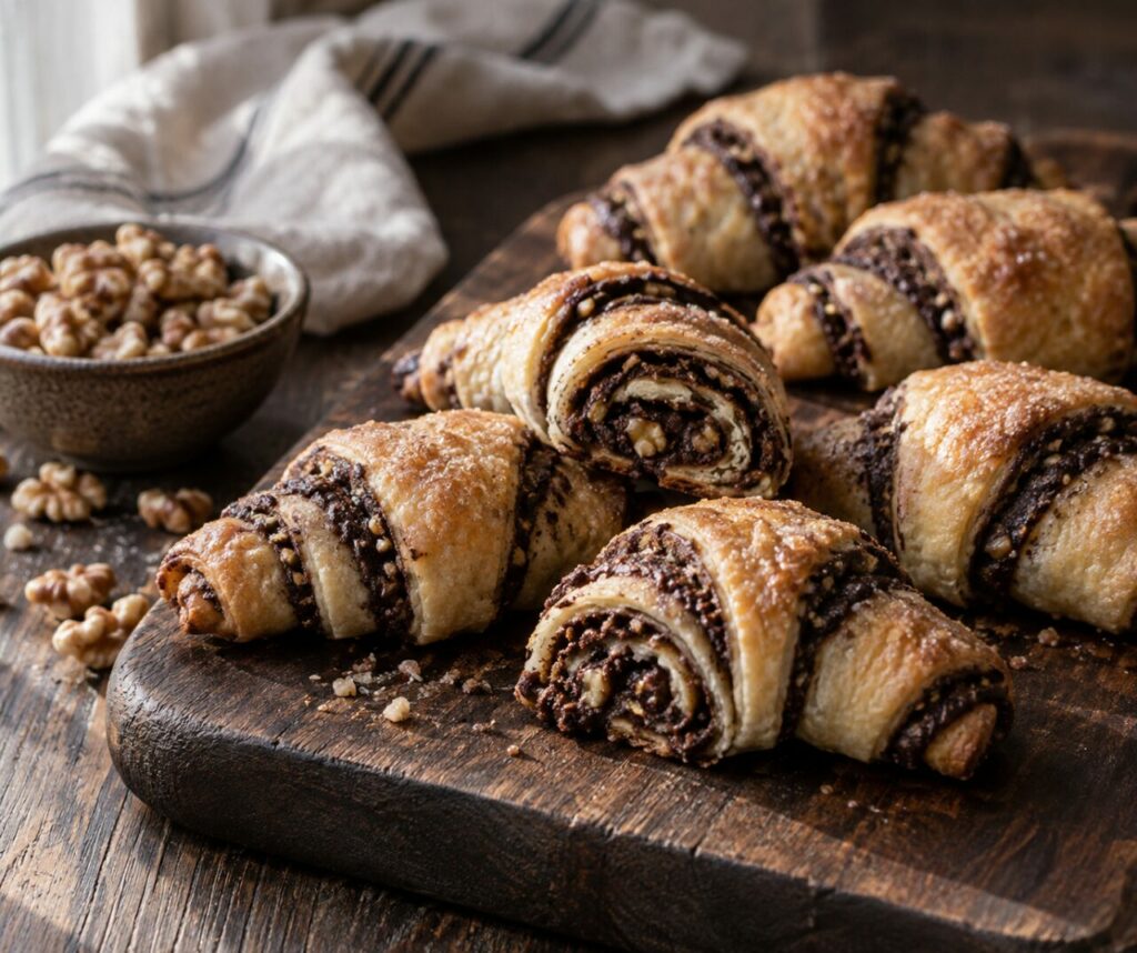 Tabla oscura con rugelach en forma de media luna, chocolate y nueces