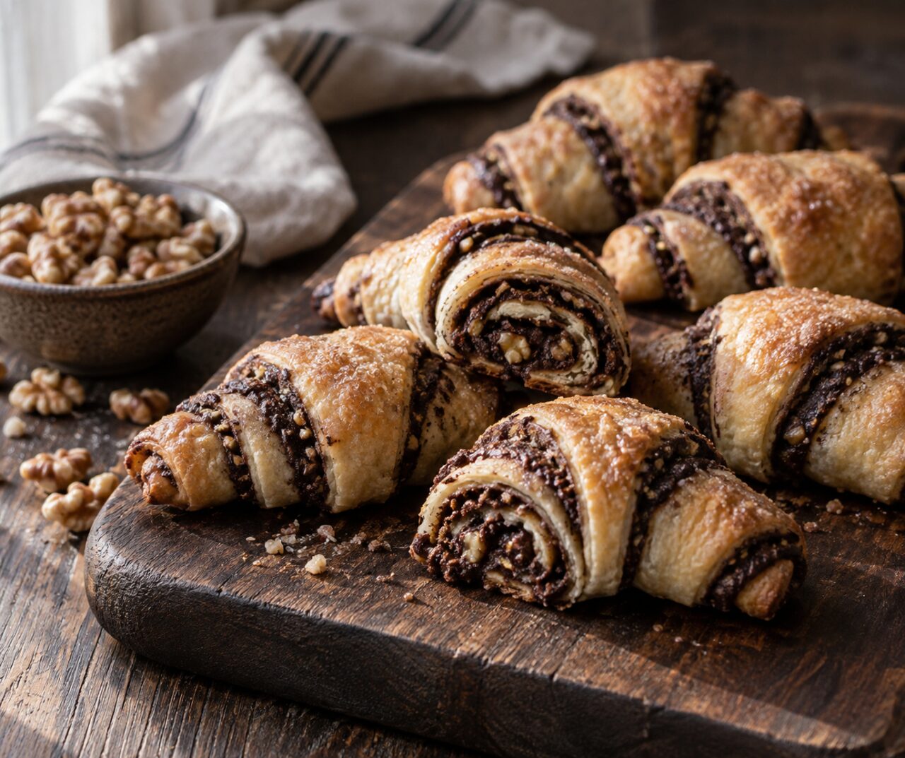 Planche sombre portant des rugelach en croissant, chocolat et noix