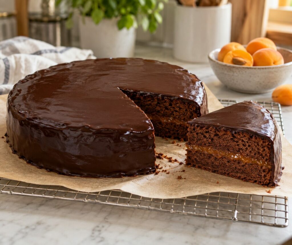 Cooling tray with Sacher torte and apricot slice