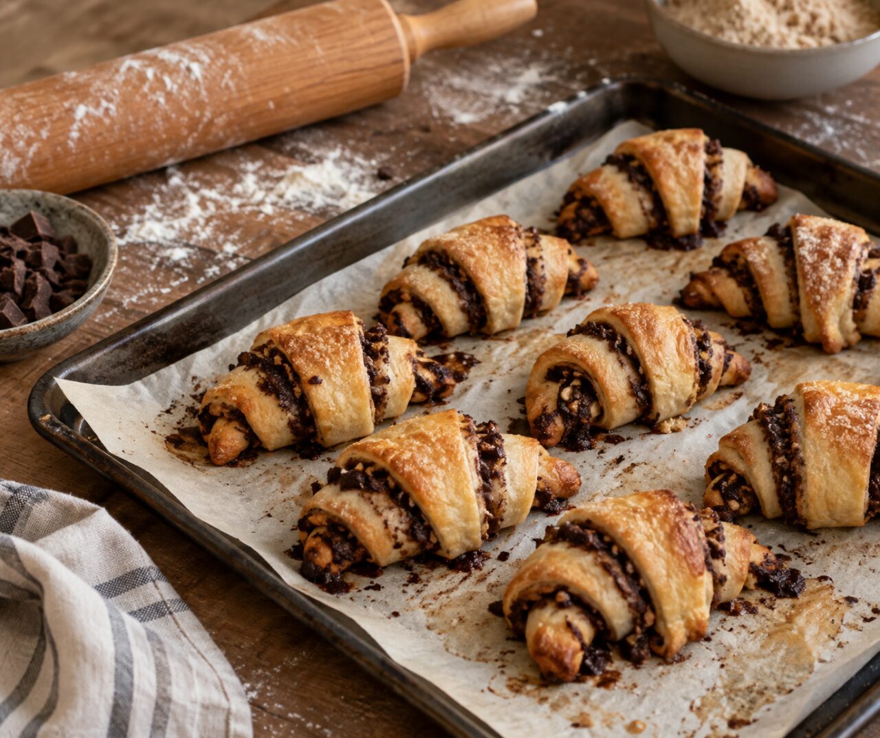 Plaque de cuisson avec rugelach dorés sur papier et rouleau en bois