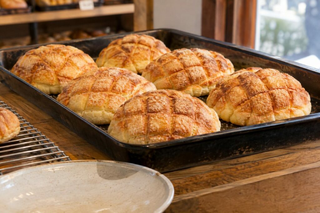 Baking tray lined with diamond-crusted Japanese melon pan