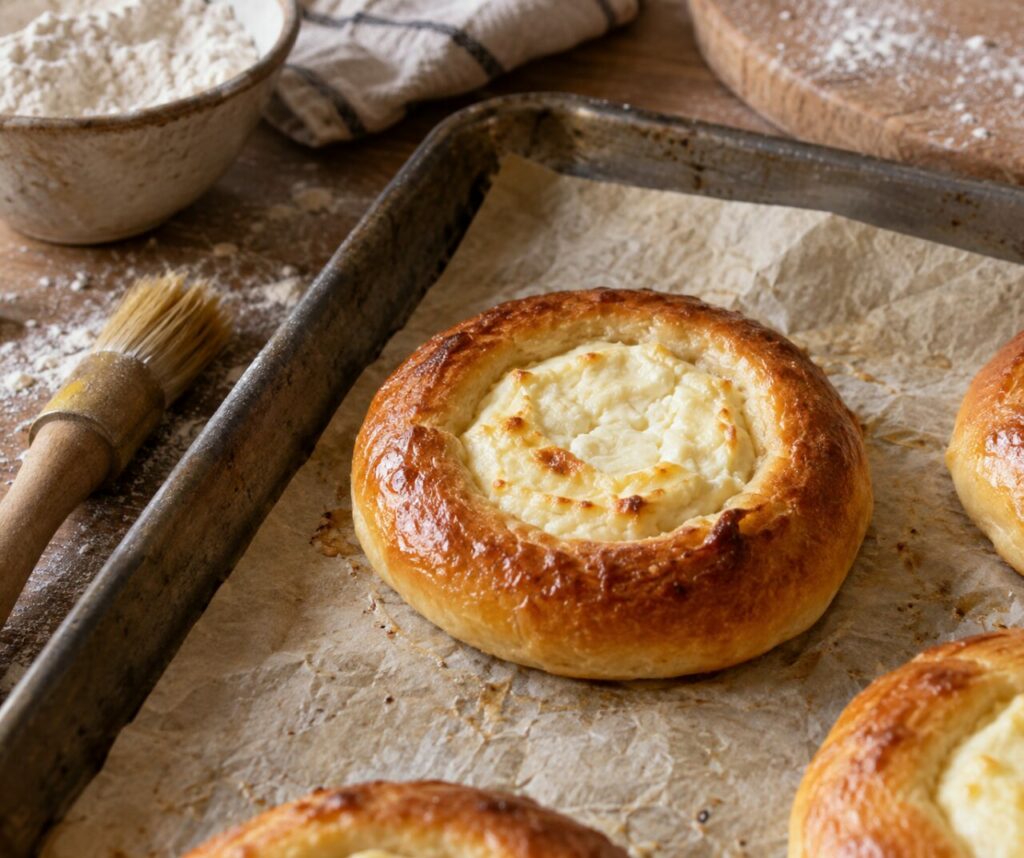 Teglia con una vatrushka russa, formaggio fresco, farina e pennello