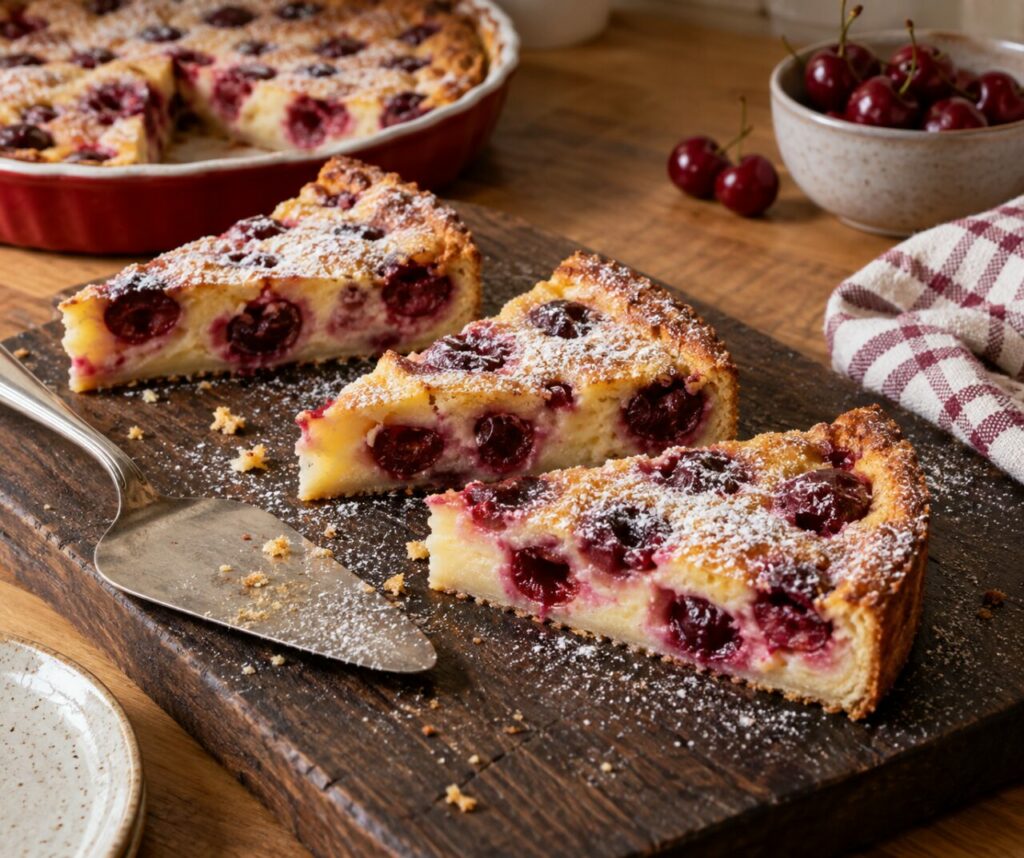 Fuente blanca de clafoutis de cerezas con azúcar glas