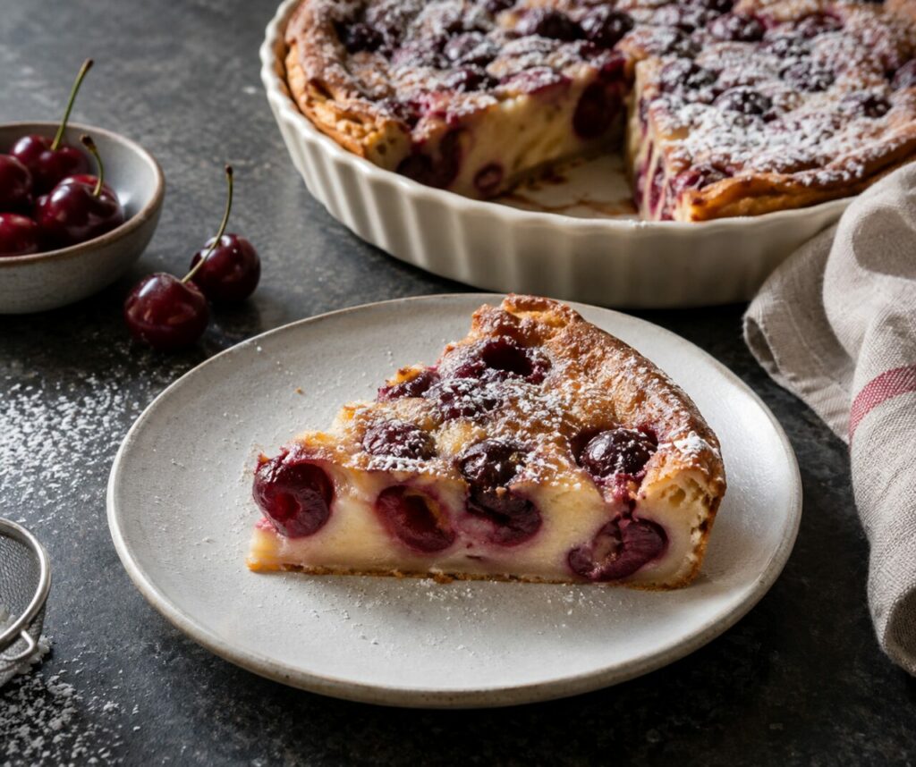 Fuente acanalada con clafoutis de cerezas sobre bandeja