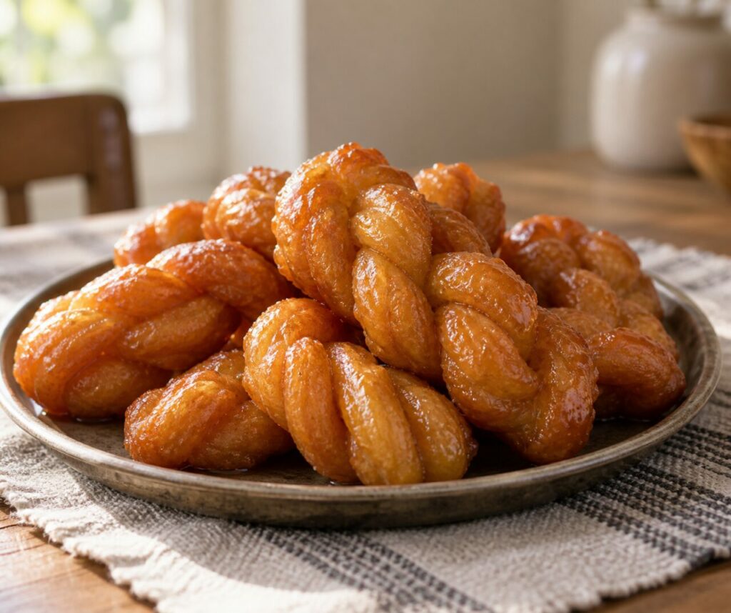 Tray of South African braided koeksisters glazed with syrup