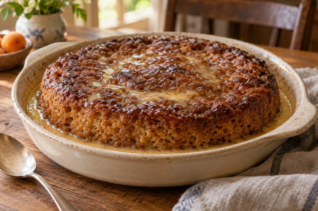 Whole South African malva pudding warm with apricot sponge