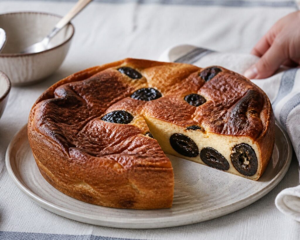 Plis irréguliers du far breton garni de pruneaux