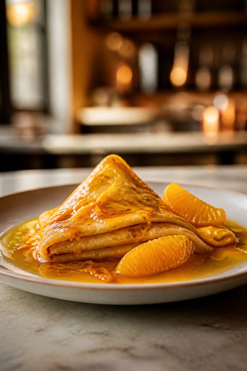 Plis moelleux des crêpes Suzette baignés dans une sauce orangée