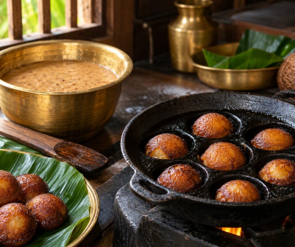 Frigideira: Unniyappam do Kerala numa frigideira tradicional