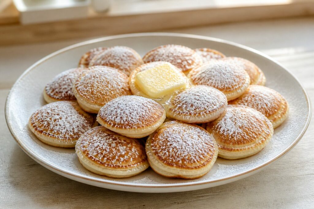 Poffertjes au sucre glace et au beurre sur assiette