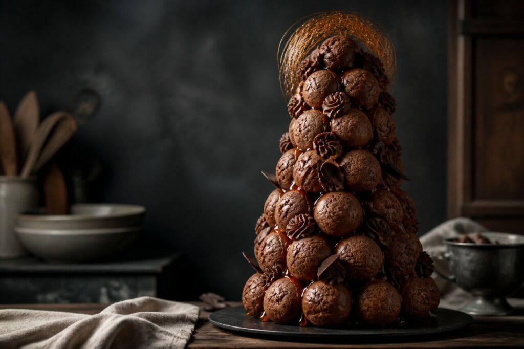 Caramel rings crown the tapered chocolate caramel croquembouche